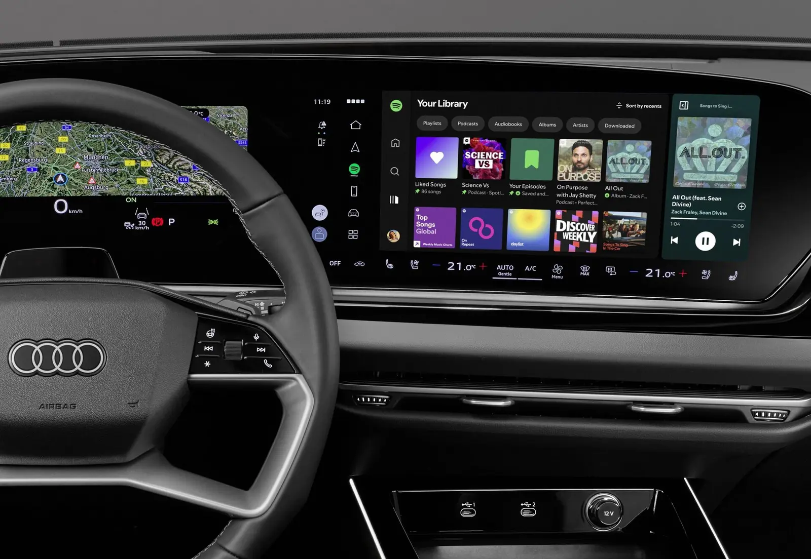 واجهة تطبيق Spotify الأصلي على شاشة MMI داخل سيارة Audi